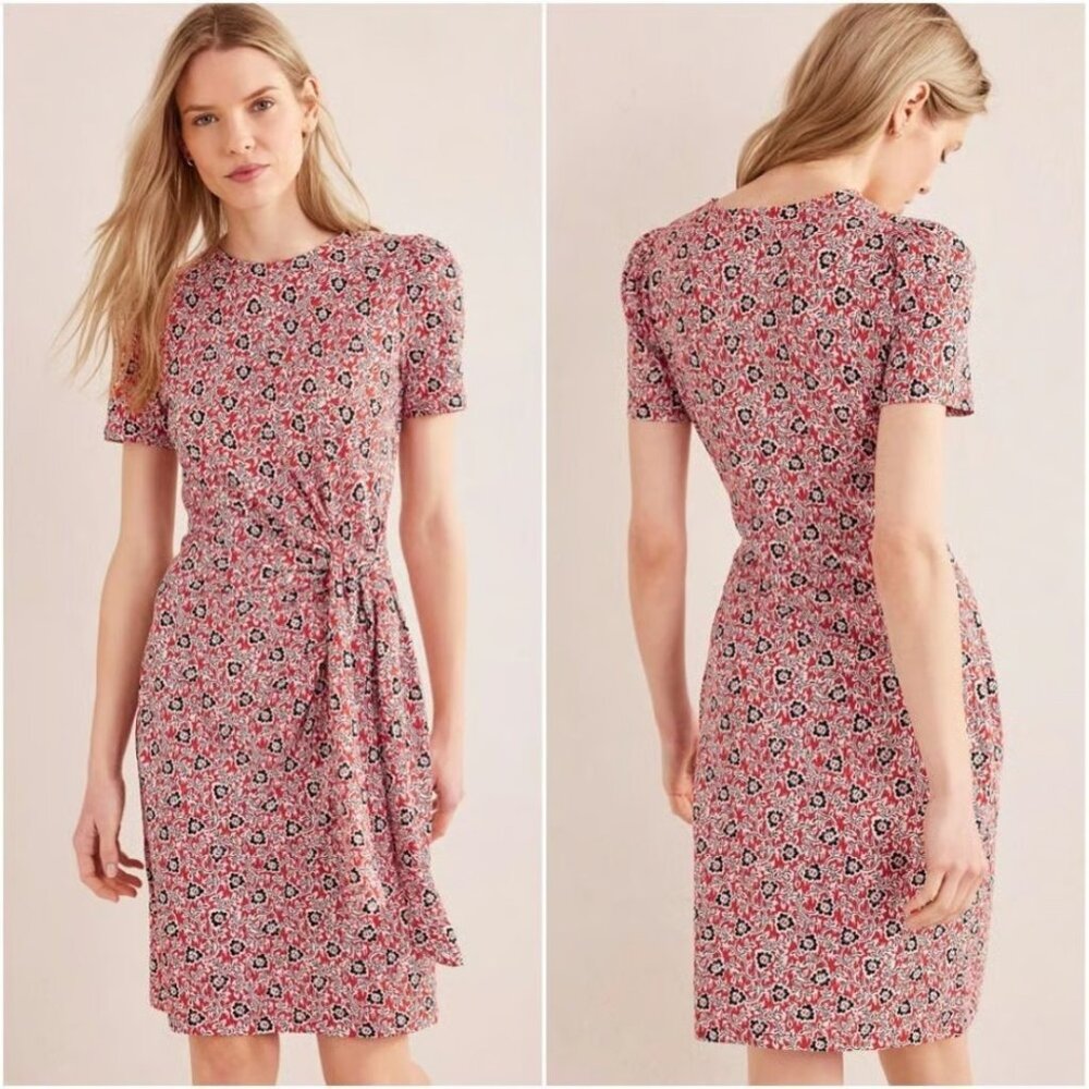 Boden Knot Front Jersey Dress 10 Long Red Floral Short Sleeve‎ Tie-Waist 10L